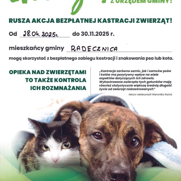 Informacja o kastracji oraz trwałym znakowaniu psów i kotów właścicielskich oraz kotów wolno żyjących z terenu gminy Radecznica