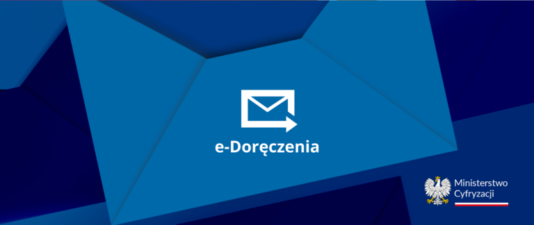 Grafika promocyjna usługi e-Doręczenia: biało-niebieska ilustracja z ikoną koperty i strzałki oraz napisem „e-Doręczenia”. W prawym dolnym rogu logo Ministerstwa Cyfryzacji z godłem Polski.