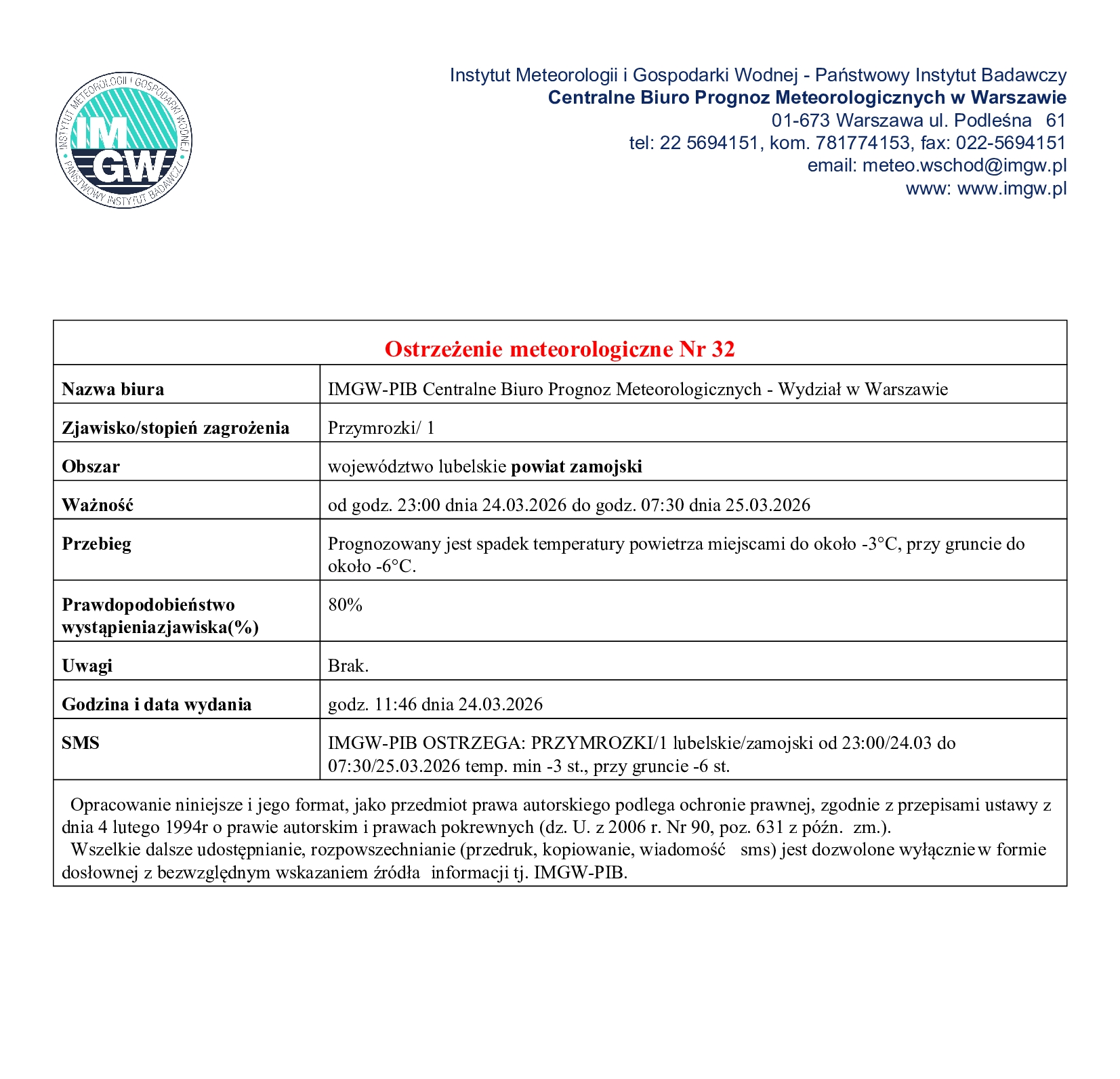 „Ostrzeżenie meteorologiczne IMGW nr 32 – przymrozki stopnia 1 dla powiatu zamojskiego (woj. lubelskie) od 24.03.2026 godz. 23:00 do 25.03.2026 godz. 07:30; temperatura do -3°C, przy gruncie do -6°C.