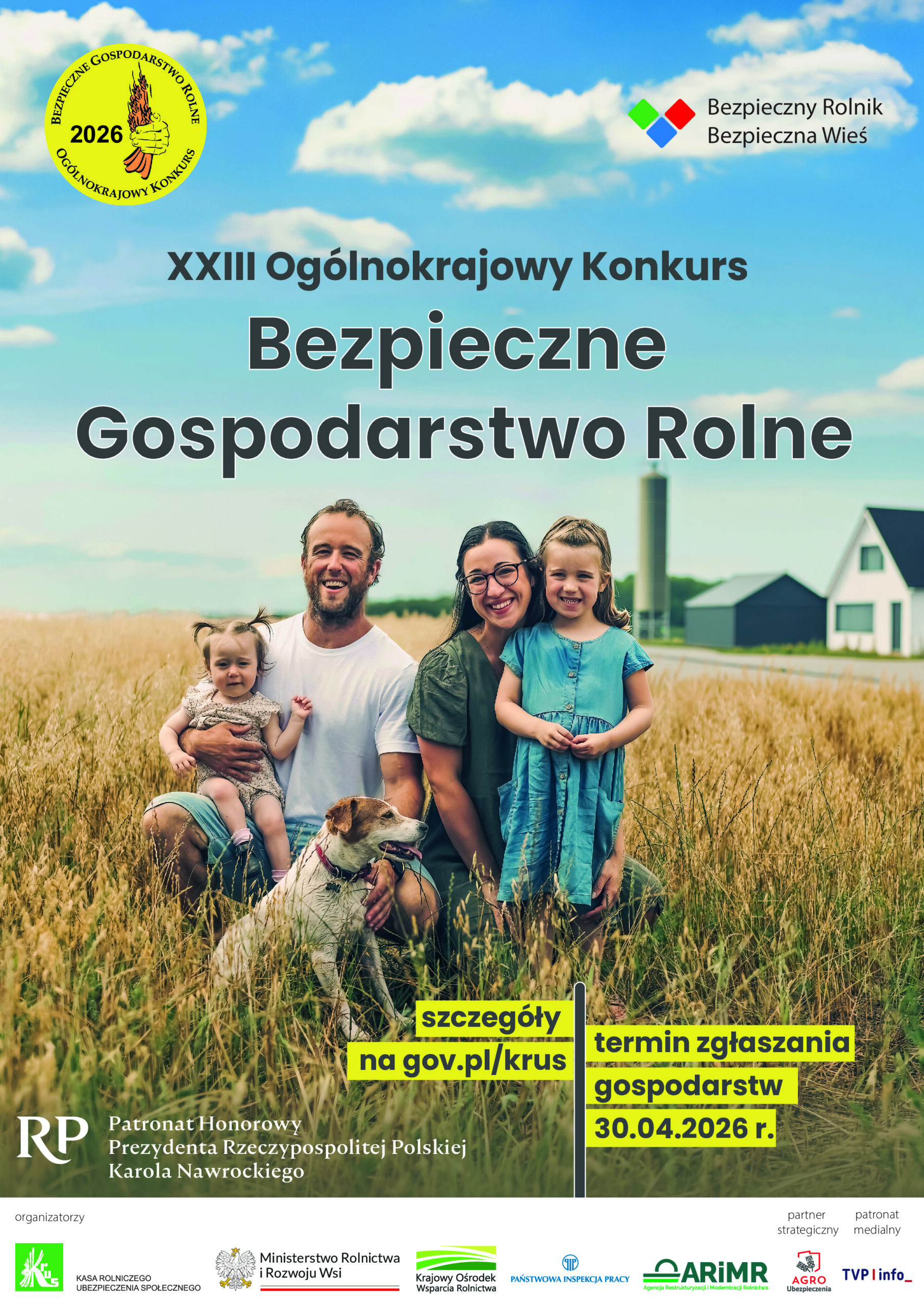 Plakat konkursu „XXIII Ogólnokrajowy Konkurs Bezpieczne Gospodarstwo Rolne 2026” – rodzina z dziećmi i psem na polu, informacja o zgłoszeniach do 30 kwietnia 2026 roku