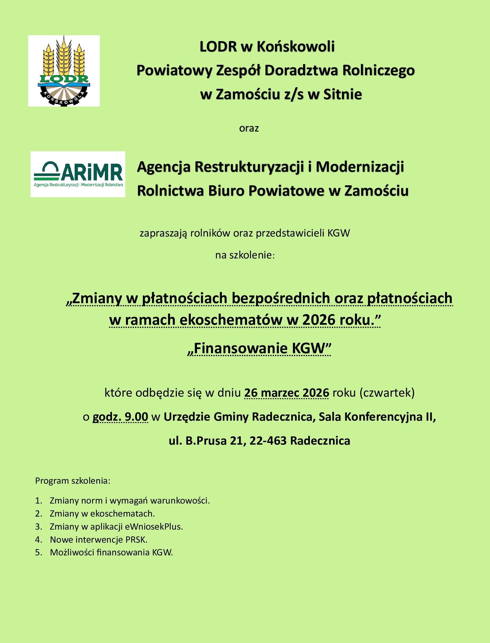 Plakat o szkoleniu dla rolników i KGW organizowanym przez LODR i ARiMR. Tematy: zmiany w płatnościach bezpośrednich i ekoschematach 2026 oraz finansowanie KGW. Szkolenie odbędzie się 26 marca 2026 o godz. 9:00 w Urzędzie Gminy Radecznica.