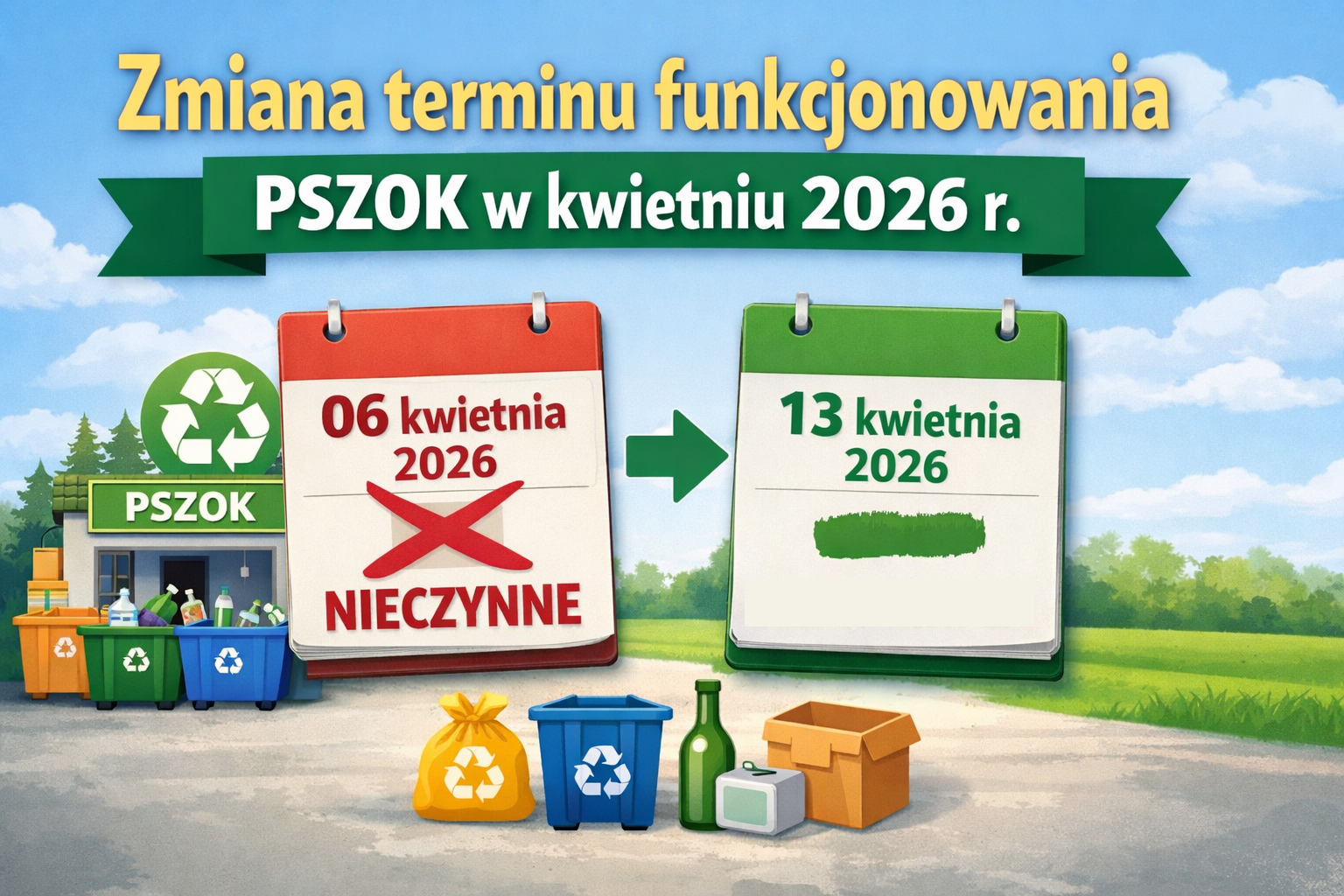 Grafika informacyjna o zmianie terminu otwarcia Punktu Selektywnej Zbiórki Odpadów Komunalnych (PSZOK) w kwietniu 2026 roku. Na grafice znajdują się dwa kalendarze. Pierwszy pokazuje datę 6 kwietnia 2026 z przekreśleniem i napisem „nieczynne”. Drugi przedstawia datę 13 kwietnia 2026 z napisem „nowy termin”. Między kalendarzami widoczna jest strzałka wskazująca przesunięcie daty. W górnej części grafiki znajduje się nagłówek informujący o zmianie terminu funkcjonowania PSZOK. W dolnej części widoczne są elementy związane z gospodarką odpadami, takie jak pojemniki do segregacji, worek z odpadami i symbol recyklingu. Grafika przekazuje informację, że termin otwarcia PSZOK został przeniesiony z 6 na 13 kwietnia 2026 roku.