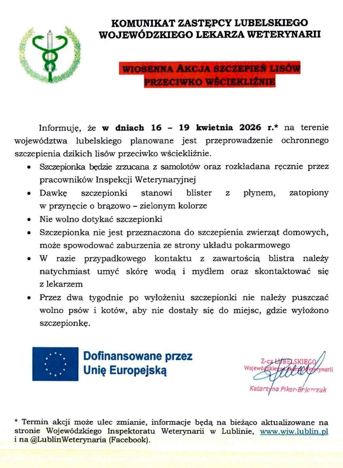 Komunikat o wiosennej akcji szczepień lisów przeciwko wściekliźnie w województwie lubelskim w dniach 16–19 kwietnia 2026 wraz z zaleceniami bezpieczeństw
