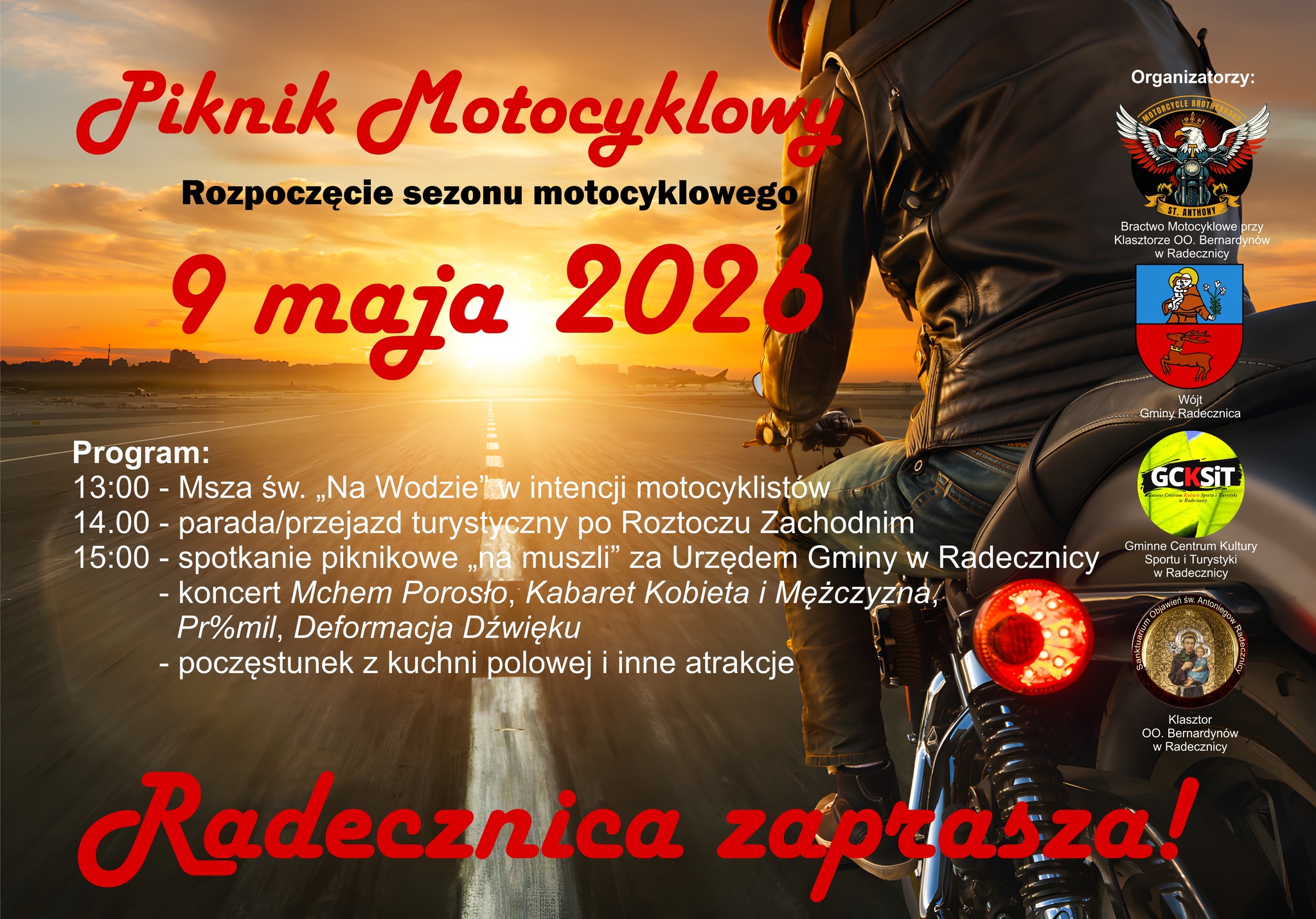 Plakat informujący o rozpoczęciu sezonu motocyklowego uwzględniający datę 9 maja 2026 r. oraz program