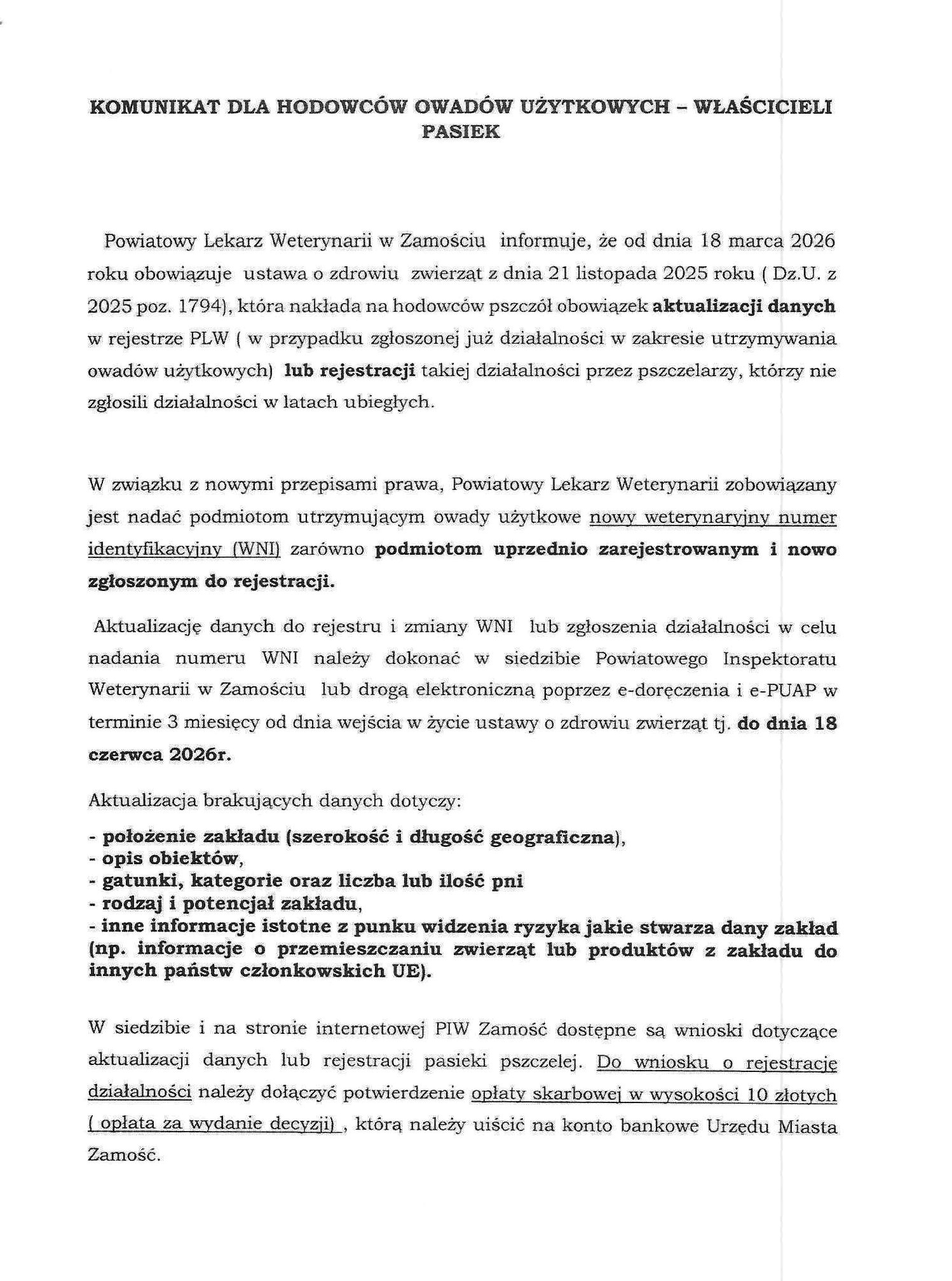 Komunikat Powiatowego Lekarza Weterynarii w Zamościu o obowiązku rejestracji działalności hodowców zwierząt kopytnych i pszczół oraz aktualizacji danych w rejestrze do 18 czerwca 2026 roku.