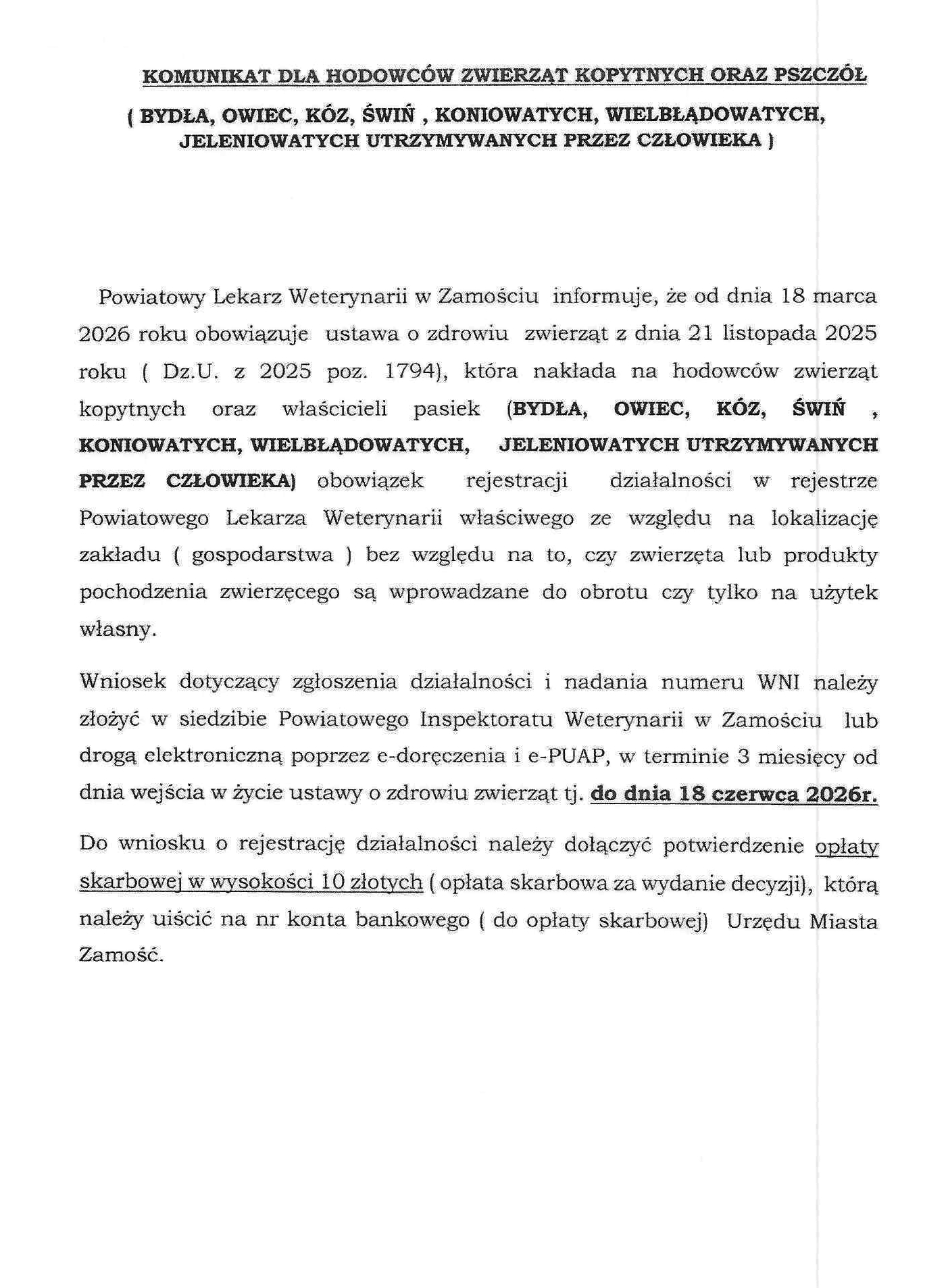Komunikat Powiatowego Lekarza Weterynarii w Zamościu o obowiązku rejestracji działalności hodowców zwierząt kopytnych i pszczół oraz aktualizacji danych w rejestrze do 18 czerwca 2026 roku.