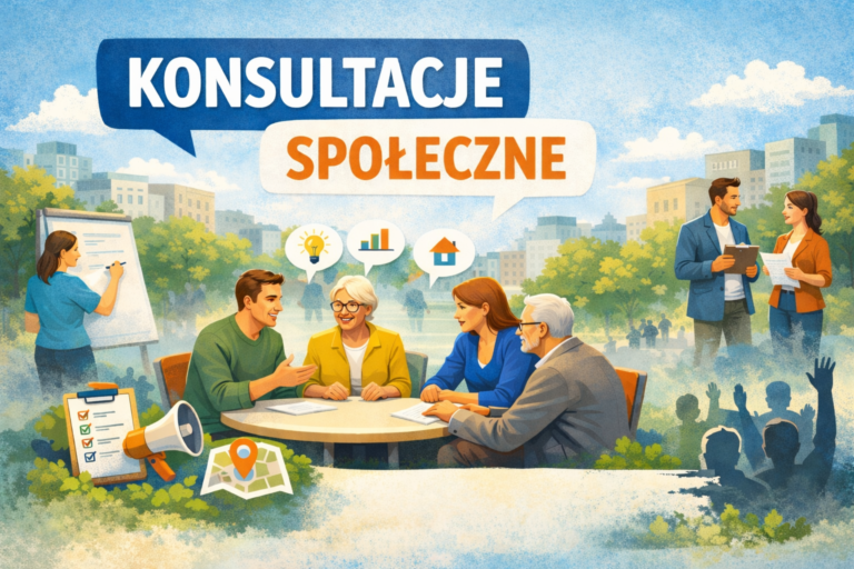 Ilustracja przedstawia grupę mieszkańców w różnym wieku rozmawiających przy stole podczas konsultacji społecznych w miejskim otoczeniu; nad nimi widoczny napis „Konsultacje społeczne”, a wokół elementy symbolizujące udział obywateli, takie jak notatki, mapa i ikony pomysłów.