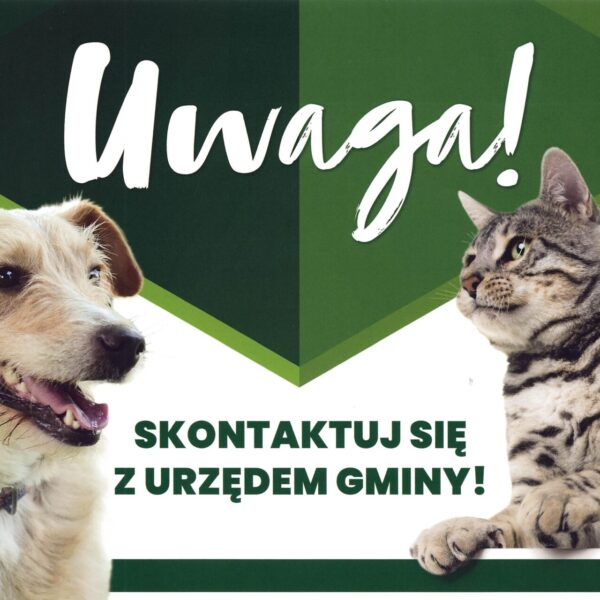Plakat informacyjny w kolorach zieleni i bieli promujący akcję bezpłatnej kastracji zwierząt. Po prawej stronie widoczne zdjęcia psa (u góry) i kota (na dole). Centralnie duży napis: „Rusz akcja bezpłatnej kastracji zwierząt!”. Obok hasło „Uwaga!” oraz informacja „Skontaktuj się z urzędem gminy”. Po lewej stronie tekst: „Opieka nad zwierzętami to także kontrola ich rozmnażania”. Niżej szczegóły: akcja dla mieszkańców gminy Radecznica, od 4 maja 2026 r. do 30 listopada 2026 r., możliwość skorzystania z bezpłatnego zabiegu kastracji i znakowania psa lub kota. Na dole logo i nazwa organizacji „Zwierz – Ogólnopolska Fundacja na rzecz Ochrony Zwierząt” oraz informacja o pozytywnym wpływie kastracji na zdrowie zwierząt i ograniczenie ich populacji.