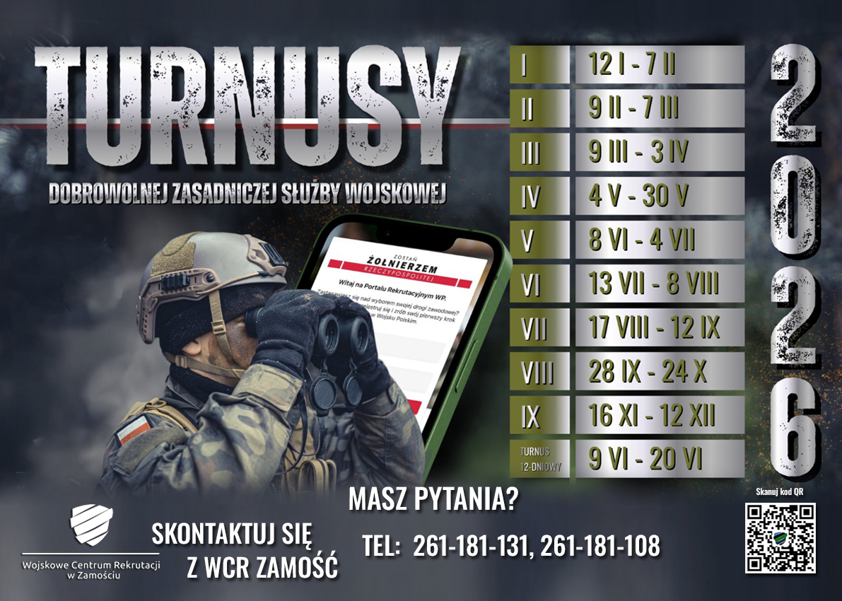 Plakat informacyjny Dobrowolnej Zasadniczej Służby Wojskowej na rok 2026. Po lewej żołnierz w hełmie obserwuje teren przez lornetkę, obok widoczny smartfon z formularzem rekrutacyjnym. Po prawej lista dziewięciu terminów turnusów od lutego do grudnia oraz jeden turnus 12-dniowy. Na dole dane kontaktowe Wojskowego Centrum Rekrutacji w Zamościu i kod QR
