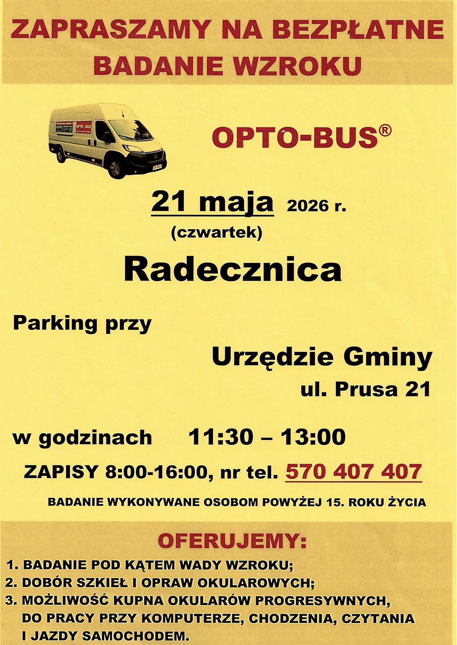 Plakat informujący o bezpłatnym badaniu wzroku w Radecznicy 21 maja 2026 w godzinach 11:30–13:00, przy Urzędzie Gminy (ul. Prusa 21), z możliwością zapisów telefonicznych.