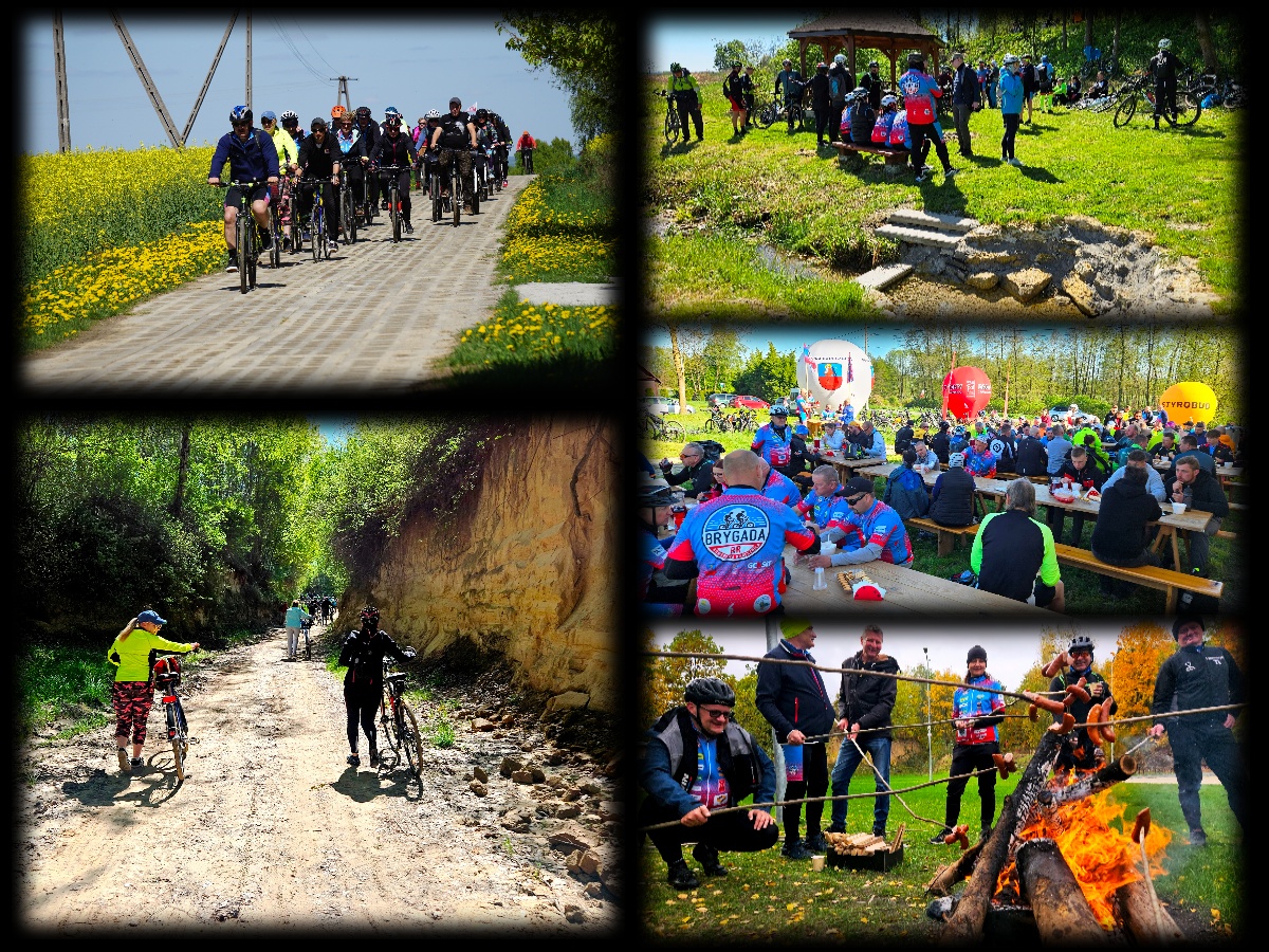 Kolaż zdjęć z wycieczki rowerowej: wspólna jazda, odpoczynek, przejazd przez wąwóz oraz posiłek i ognisko.