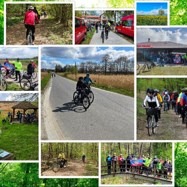 Kolaż zdjęć z II Rajdu Rowerowego Brygady RR: grupy rowerzystów jadą leśnymi ścieżkami i drogami asfaltowymi, postoje na trasie, wspólne zdjęcia oraz uczestnicy przy remizie OSP; w tle wiosenne krajobrazy, pola rzepaku i lasy