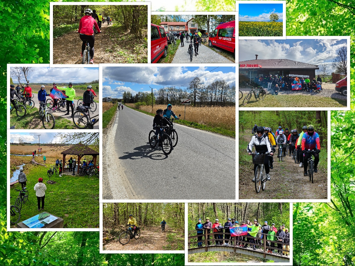 Kolaż zdjęć z II Rajdu Rowerowego Brygady RR: grupy rowerzystów jadą leśnymi ścieżkami i drogami asfaltowymi, postoje na trasie, wspólne zdjęcia oraz uczestnicy przy remizie OSP; w tle wiosenne krajobrazy, pola rzepaku i lasy