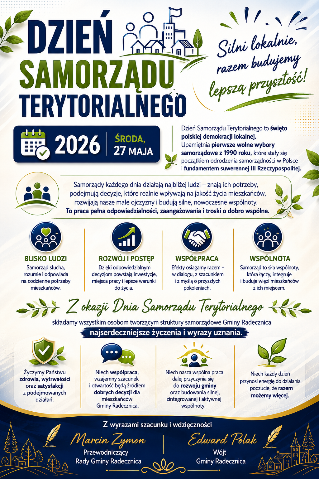 Plakat informacyjno-życzeniowy z okazji Dnia Samorządu Terytorialnego obchodzonego 27 maja 2026 roku. Dominują kolory granatowy, zielony i biały oraz grafiki symbolizujące wspólnotę, rozwój i współpracę mieszkańców. Na plakacie znajduje się hasło: „Silni lokalnie, razem budujemy lepszą przyszłość!”.

Treść wyjaśnia, że Dzień Samorządu Terytorialnego upamiętnia pierwsze wolne wybory samorządowe z 1990 roku i podkreśla znaczenie samorządów w życiu lokalnych społeczności. Wymieniono wartości związane z działalnością samorządu: bliskość ludzi, rozwój i postęp, współpracę oraz wspólnotę.

W centralnej części zamieszczono życzenia dla osób tworzących struktury samorządowe Gminy Radecznica, podkreślające uznanie za odpowiedzialność, zaangażowanie i troskę o dobro wspólne. Na dole plakatu znajdują się podpisy: Marcin Zymon – Przewodniczący Rady Gminy Radecznica oraz Edward Polak – Wójt Gminy Radecznica.