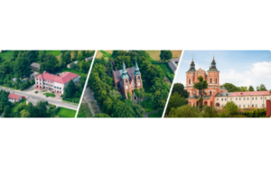 Kolaż trzech zdjęć z Gminy Radecznica: budynek publiczny, kościół oraz zabytkowy klasztor w otoczeniu zieleni