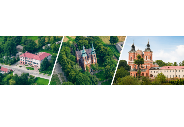 Kolaż trzech zdjęć z Gminy Radecznica: budynek publiczny, kościół oraz zabytkowy klasztor w otoczeniu zieleni