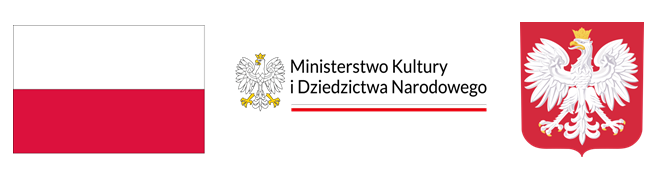 Logotyp Ministerstwa Kultury i Dziedzictwa Narodowego – po lewej flaga Polski, pośrodku godło państwowe oraz napis „Ministerstwo Kultury i Dziedzictwa Narodowego” z czerwonym podkreśleniem, po prawej herb Rzeczypospolitej Polskiej z białym orłem na czerwonym tle