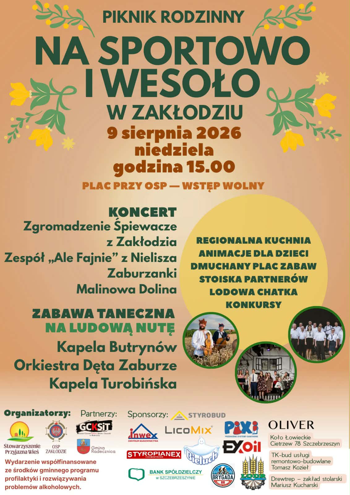 Plakat informujący o festynie rodzinnym, który odbędzie się 9 sierpnia w Zakłodziu