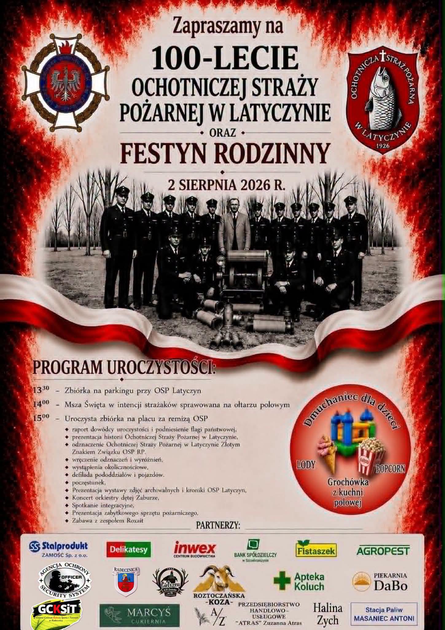 Plakat informujący o wydarzeniu, które odbędzie się 2.08.2026 r. - 100 lecie OSP Latyczyn uwzględniający szczegółowy program