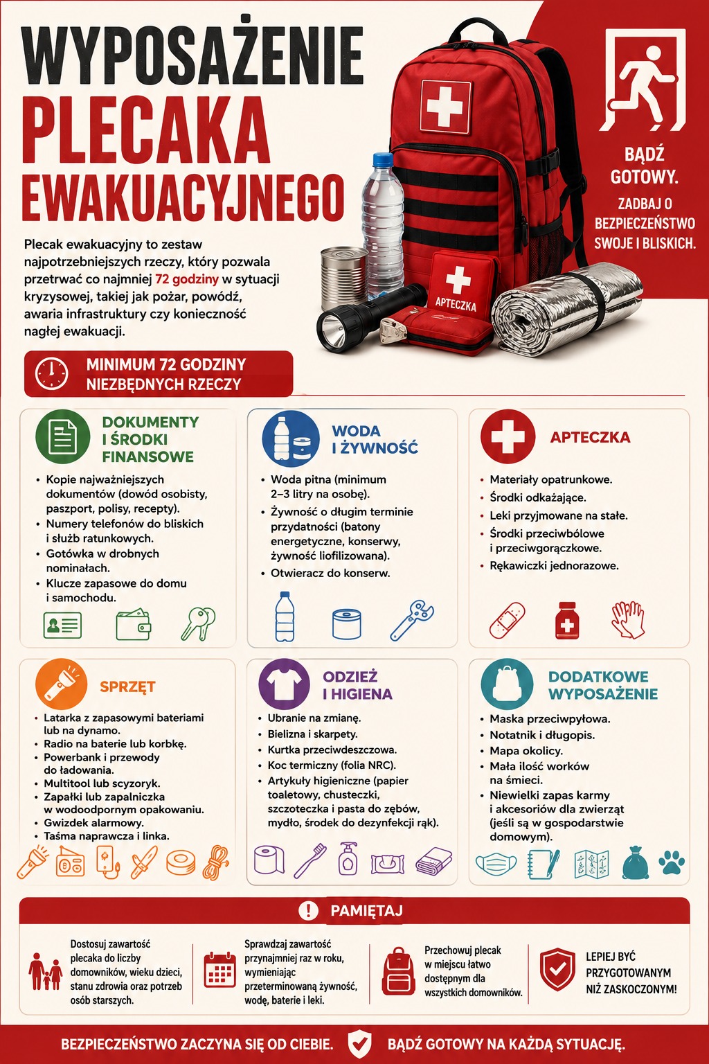 Plakat informacyjny przedstawiający wyposażenie plecaka ewakuacyjnego na co najmniej 72 godziny. Wymieniono m.in. dokumenty i środki finansowe, wodę i żywność, apteczkę, latarkę, radio, powerbank, odzież na zmianę, środki higieniczne, koc termiczny, mapę oraz podstawowe wyposażenie dodatkowe. Plakat przypomina o regularnym sprawdzaniu zawartości plecaka i dostosowaniu jej do potrzeb domowników