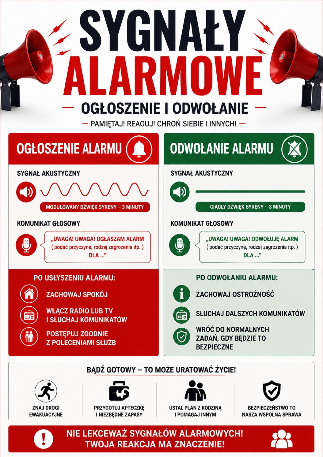 Plakat informacyjny dotyczący sygnałów alarmowych. Przedstawia zasady ogłaszania i odwoływania alarmu za pomocą syren: modulowany dźwięk przez 3 minuty oznacza ogłoszenie alarmu, a ciągły dźwięk przez 3 minuty – jego odwołanie. Plakat zawiera również zalecenia dotyczące zachowania po usłyszeniu alarmu, m.in. zachowania spokoju, słuchania komunikatów oraz stosowania się do poleceń służb. Przypomina o znajomości dróg ewakuacyjnych, przygotowaniu apteczki i zapasów oraz planie działania z rodziną