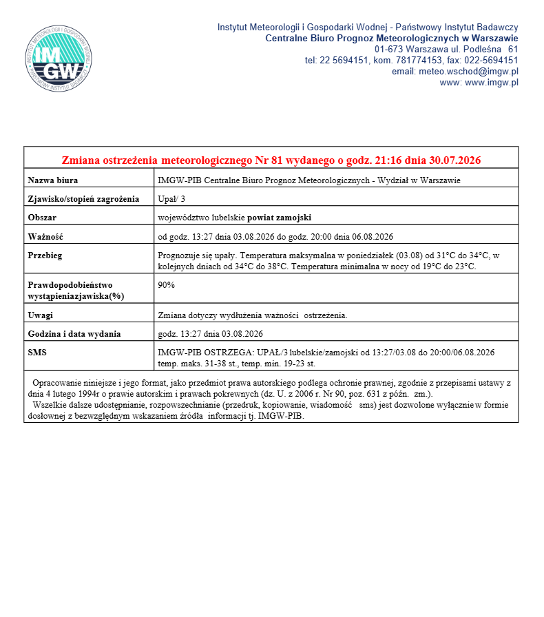 Ostrzeżenie meteorologiczne o upale w dniu 03.07.2026